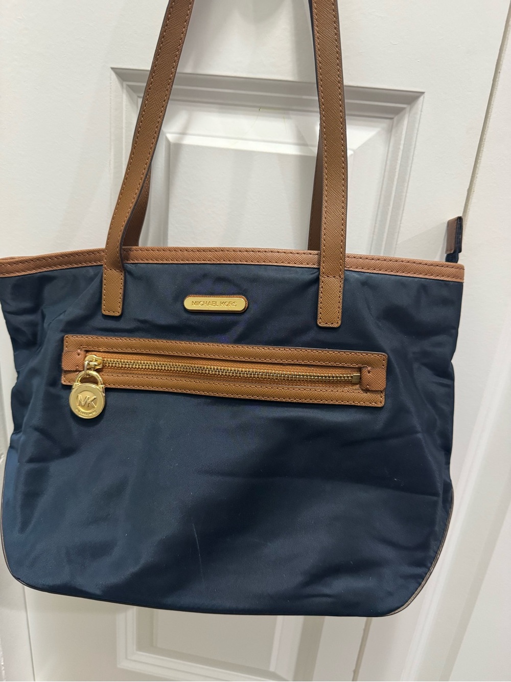 Michael Kors Navy Nylon and Brown Leather-Trim Tote